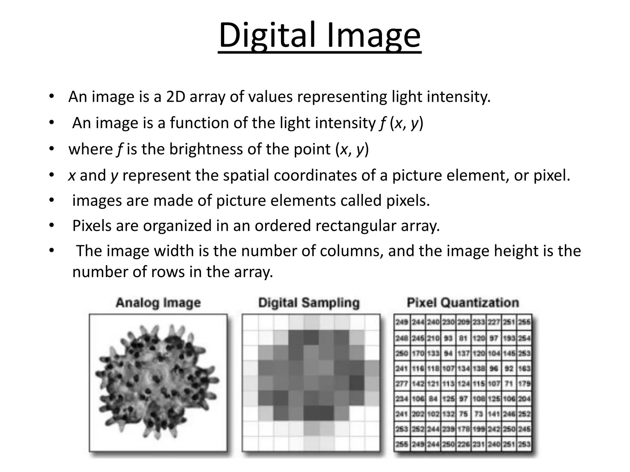 Digital Image
• An image is a 2D array of values representing light intensity.
• An image is a function of the light intensity f (x, y)
• where f is the brightness of the point (x, y)
• x and y represent the spatial coordinates of a picture element, or pixel.
• images are made of picture elements called pixels.
• Pixels are organized in an ordered rectangular array.
• The image width is the number of columns, and the image height is the
number of rows in the array.
 