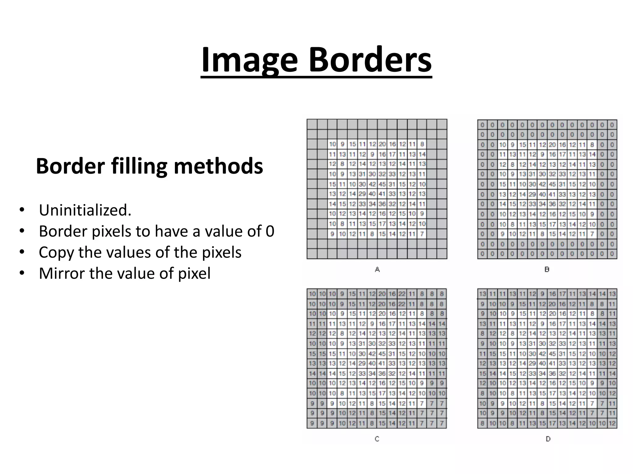 Image Borders
Border filling methods
• Uninitialized.
• Border pixels to have a value of 0
• Copy the values of the pixels
• Mirror the value of pixel
 
