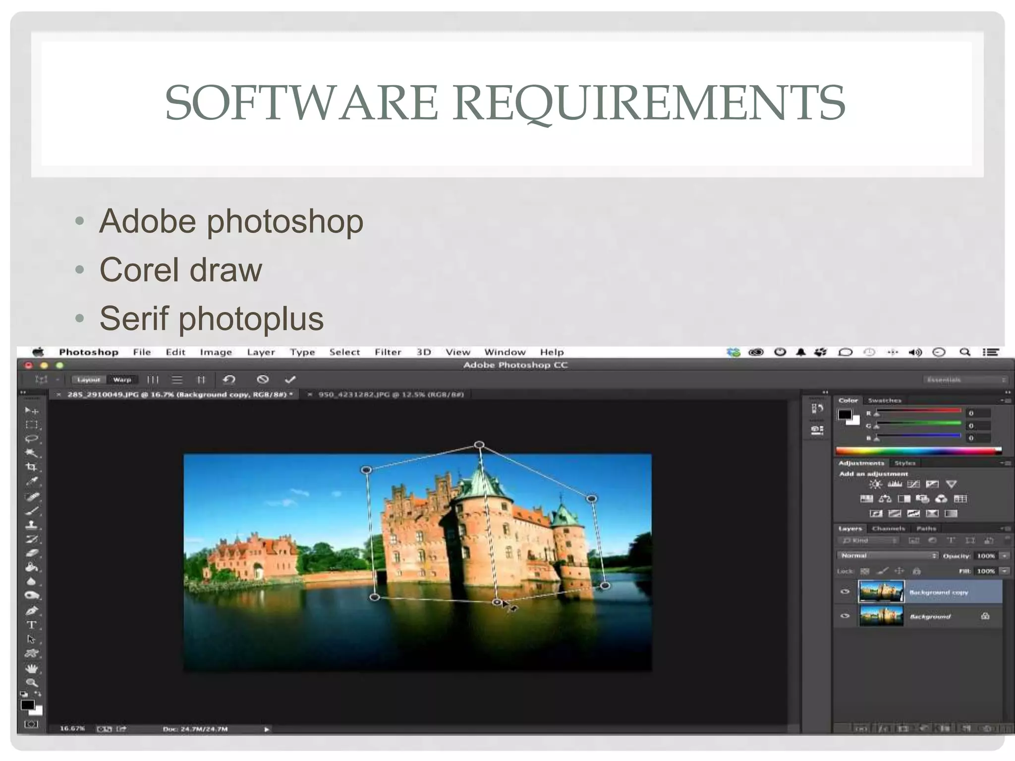 SOFTWARE REQUIREMENTS
• Adobe photoshop
• Corel draw
• Serif photoplus
 