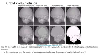 Gray-Level Resolution
Fig: 452 x 374, 256 level image. (b)- (d) Image displayed in 128, 64, 32,16,8,4 and 2 grey level, while keeping spatial resolution
constant.
• In this example, we keep the number of samples constant and reduce the number of grey levels from 256 to 2.
 
