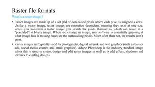 Raster file formats
What is a raster image ?
• Raster images are made up of a set grid of dots called pixels where each pixel is assigned a color.
Unlike a vector image, raster images are resolution dependent, meaning they exist at one size.
When you transform a raster image, you stretch the pixels themselves, which can result in a
“pixelated” or blurry image. When you enlarge an image, your software is essentially guessing at
what image data is missing based on the surrounding pixels. More often than not, the results aren’t
great.
• Raster images are typically used for photographs, digital artwork and web graphics (such as banner
ads, social media content and email graphics). Adobe Photoshop is the industry-standard image
editor that is used to create, design and edit raster images as well as to add effects, shadows and
textures to existing designs.
 
