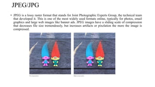 JPEG/JPG
• JPEG is a lossy raster format that stands for Joint Photographic Experts Group, the technical team
that developed it. This is one of the most widely used formats online, typically for photos, email
graphics and large web images like banner ads. JPEG images have a sliding scale of compression
that decreases file size tremendously, but increases artifacts or pixelation the more the image is
compressed.
 