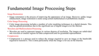 Fundamental Image Processing Steps
Image Restoration
• Image restoration is the process of improving the appearance of an image. However, unlike image
enhancement, image restoration is done using certain mathematical or probabilistic models.
Color Image Processing
• Color image processing includes a number of color modeling techniques in a digital domain. This
step has gained prominence due to the significant use of digital images over the internet.
Wavelets and Multiresolution Processing
• Wavelets are used to represent images in various degrees of resolution. The images are subdivided
into wavelets or smaller regions for data compression and for pyramidal representation.
Compression
• Compression is a process used to reduce the storage required to save an image or the bandwidth
required to transmit it. This is done particularly when the image is for use on the Internet.
 