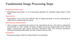 Fundamental Image Processing Steps
Morphological Processing
• Morphological processing is a set of processing operations for morphing images based on their
shapes.
Segmentation
• Segmentation is one of the most difficult steps of image processing. It involves partitioning an
image into its constituent parts or objects.
Representation and Description
• After an image is segmented into regions in the segmentation process, each region is represented
and described in a form suitable for further computer processing. Representation deals with the
image’s characteristics and regional properties. Description deals with extracting quantitative
information that helps differentiate one class of objects from the other.
Recognition
• Recognition assigns a label to an object based on its description.
 