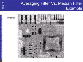 20
of
19
Averaging Filter Vs. Median Filter
Example
ImagestakenfromGonzalez&Woods,DigitalImageProcessing(2002)
Original
 