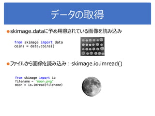 データの取得
●skimage.dataに予め用意されている画像を読み込み
●ファイルから画像を読み込み：skimage.io.imread()
 