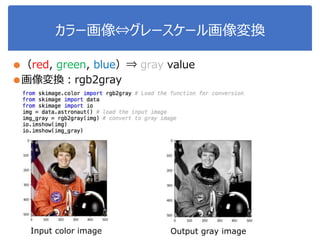 カラー画像⇔グレースケール画像変換
●（red, green, blue）⇒ gray value
●画像変換：rgb2gray
Input color image Output gray image
 