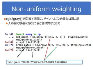Non-uniform weighting
●rgb2gray()で変換する際に、チャンネルごとの重みは異なる
●人の目で敏感に感知できる色は異なるため
red と green で同じ値(255)で入力しても返還後の値は異なる
 