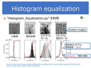 Histogram equalization
● “Histogram_Equalization.py” を利用
Source: http://scikit-image.org/docs/stable/auto_examples/color_exposure/plot_equalize.html#sphx-glr-
auto-examples-color-exposure-plot-equalize-py
Output images
輝度値のヒストグラム
輝度範囲： [0: 1]
red curve ：輝度の積算
元画像 線形変換 ヒストグラム
均一化
ヒストグラム
適応均一化
 