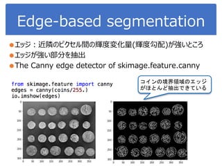 Edge-based segmentation
●エッジ：近隣のピクセル間の輝度変化量(輝度勾配)が強いところ
●エッジが強い部分を抽出
●The Canny edge detector of skimage.feature.canny
コインの境界領域のエッジ
がほとんど抽出できている
 