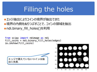 Filling the holes
●エッジ抽出によりコインの境界が抽出できた
●境界の内側をぬりつぶすことで、コインの領域を抽出
●ndi.binary_fill_holes()を利用
エッジで囲えていないコインは抽
出に失敗.
 