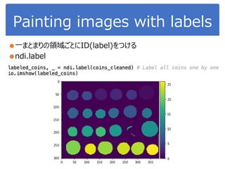 Painting images with labels
●一まとまりの領域ごとにID(label)をつける
●ndi.label
 