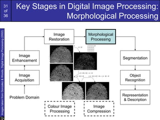 31
of
36
Key Stages in Digital Image Processing:
Morphological Processing
Image
Acquisition
Image
Restoration
Morphological
Processing
Segmentation
Representation
& Description
Image
Enhancement
Object
Recognition
Problem Domain
Colour Image
Processing
Image
Compression
Images
taken
from
Gonzalez
&
Woods,
Digital
Image
Processing
(2002)
 