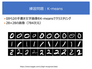 練習問題：K-means
 0から2の手書き文字画像をK-meansでクラスタリング
 28×28の画像（784次元）
https://www.kaggle.com/c/digit-recognizer/data
 