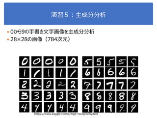 演習５：主成分分析
 0から9の手書き文字画像を主成分分析
 28×28の画像（784次元）
https://www.kaggle.com/c/digit-recognizer/data
 