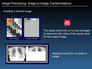 Image Processing: Image-to-Image Transformations Creating a blurred image The pixels within the   kernel   are averaged to determine the value of the center pixel for the output image Repeat process for  all  pixels in image 