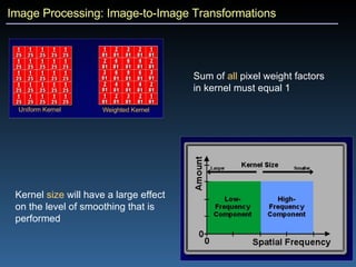 Image Processing: Image-to-Image Transformations Kernel  size  will have a large effect on the level of smoothing that is  performed Sum of  all  pixel weight factors in kernel must equal 1 