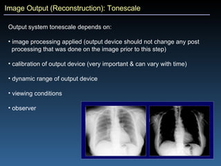 Image Output (Reconstruction): Tonescale Output system tonescale depends on:  image processing applied (output device should not change any post  processing that was done on the image prior to this step)  calibration of output device (very important & can vary with time) dynamic range of output device viewing conditions observer 