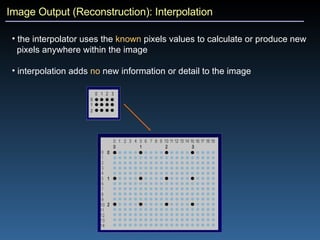Image Output (Reconstruction): Interpolation the interpolator uses the  known  pixels values to calculate or produce new  pixels anywhere within the image interpolation adds  no  new information or detail to the image 