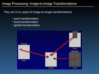 Image Processing: Image-to-Image Transformations They are  three  types of image-to-image transformations:  point transformation local transformation global transformation 