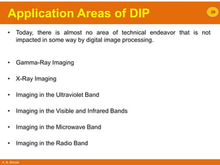 A. B. Shinde
Application Areas of DIP
• Today, there is almost no area of technical endeavor that is not
impacted in some way by digital image processing.
• Gamma-Ray Imaging
• X-Ray Imaging
• Imaging in the Ultraviolet Band
• Imaging in the Visible and Infrared Bands
• Imaging in the Microwave Band
• Imaging in the Radio Band
29
 