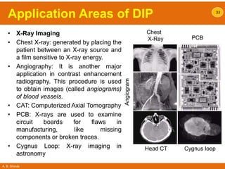 A. B. Shinde
Application Areas of DIP 33
Cygnus loop
PCB
Chest
X-Ray
Head CT
Angiogram
• X-Ray Imaging
• Chest X-ray: generated by placing the
patient between an X-ray source and
a film sensitive to X-ray energy.
• Angiography: It is another major
application in contrast enhancement
radiography. This procedure is used
to obtain images (called angiograms)
of blood vessels.
• CAT: Computerized Axial Tomography
• PCB: X-rays are used to examine
circuit boards for flaws in
manufacturing, like missing
components or broken traces.
• Cygnus Loop: X-ray imaging in
astronomy
 