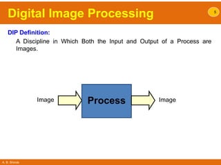 A. B. Shinde
Digital Image Processing
DIP Definition:
A Discipline in Which Both the Input and Output of a Process are
Images.
5
ProcessImage Image
 