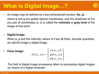 A. B. Shinde
What is Digital Image…?
• An image may be defined as a two-dimensional function, f(x, y),
where x and y are spatial (plane) coordinates, and the amplitude of f at
any pair of coordinates (x, y) is called the intensity or gray level of the
image at that point.
• Digital Image:
When x, y and the intensity values of f are all finite, discrete quantities,
we call the image a digital image.
• Color Image:
6
( , )
( , ) ( , )
( , )
r x y
f x y g x y
b x y
 
 
 
  
The field of digital image processing refers to processing digital images
by means of a digital computer.
 