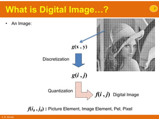 A. B. Shinde
What is Digital Image…?
• An Image:
7
Discretization
Quantization
g(x , y)
g(i , j)
f(i , j) Digital Image
f(i0 , j0) : Picture Element, Image Element, Pel, Pixel
 