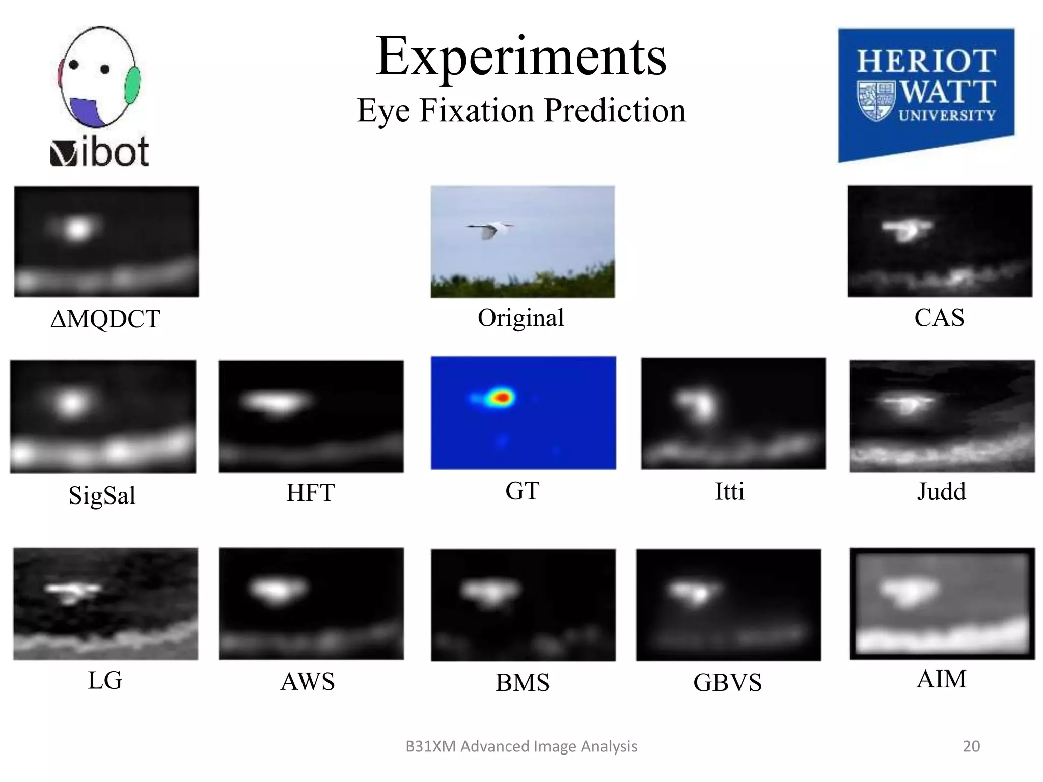 Original
GT
BMS
ΔMQDCT
SigSal
LG AWS
HFT
CAS
Judd
AIMGBVS
Itti
Experiments
Eye Fixation Prediction
8/18/2014 20B31XM Advanced Image Analysis
 