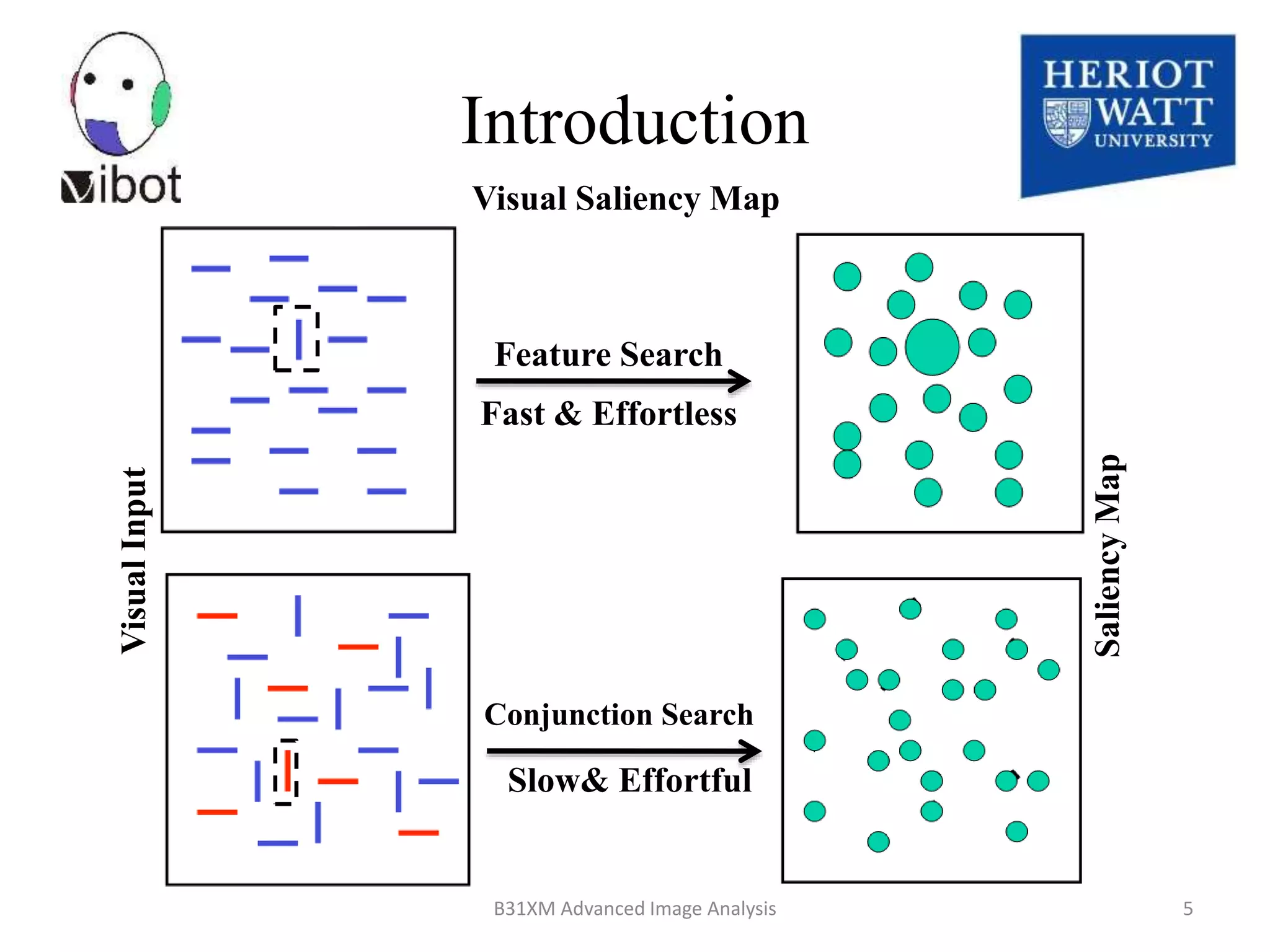 8/18/2014 B31XM Advanced Image Analysis 5
Introduction
Feature Search
Fast & Effortless
Conjunction Search
Slow& Effortful
VisualInput
SaliencyMap
Visual Saliency Map
 