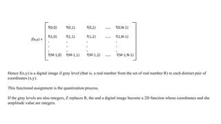 Hence f(x,y) is a digital image if gray level (that is, a real number from the set of real number R) to each distinct pair of
coordinates (x,y).
This functional assignment is the quantization process.
If the gray levels are also integers, Z replaces R, the and a digital image become a 2D function whose coordinates and she
amplitude value are integers.
 
