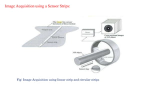Image Acquisition using a Sensor Strips:
Fig: Image Acquisition using linear strip and circular strips
 
