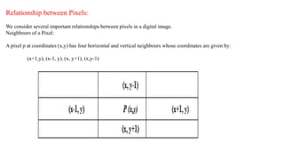 Relationship between Pixels:
We consider several important relationships between pixels in a digital image.
Neighbours of a Pixel:
A pixel p at coordinates (x,y) has four horizontal and vertical neighbours whose coordinates are given by:
(x+1,y), (x-1, y), (x, y+1), (x,y-1)
 
