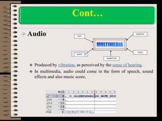 Audio
 Produced by vibration, as perceived by the sense of hearing.
 In multimedia, audio could come in the form of speech, sound
effects and also music score.
Cont…
TEXT
AUDIO
GRAPHIC
VIDEO
ANIMATION
 