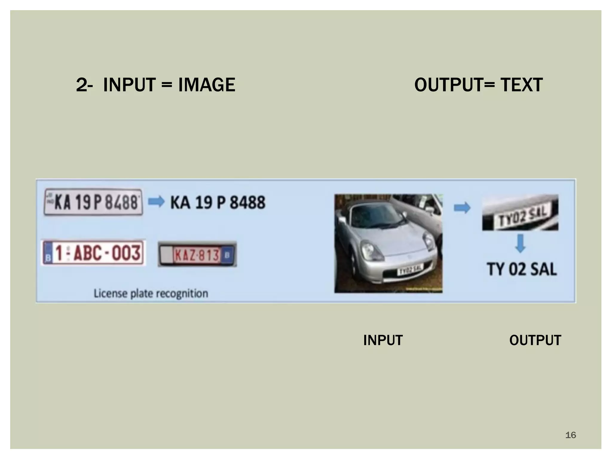 16 
2- INPUT = IMAGE OUTPUT= TEXT 
INPUT 
OUTPUT  