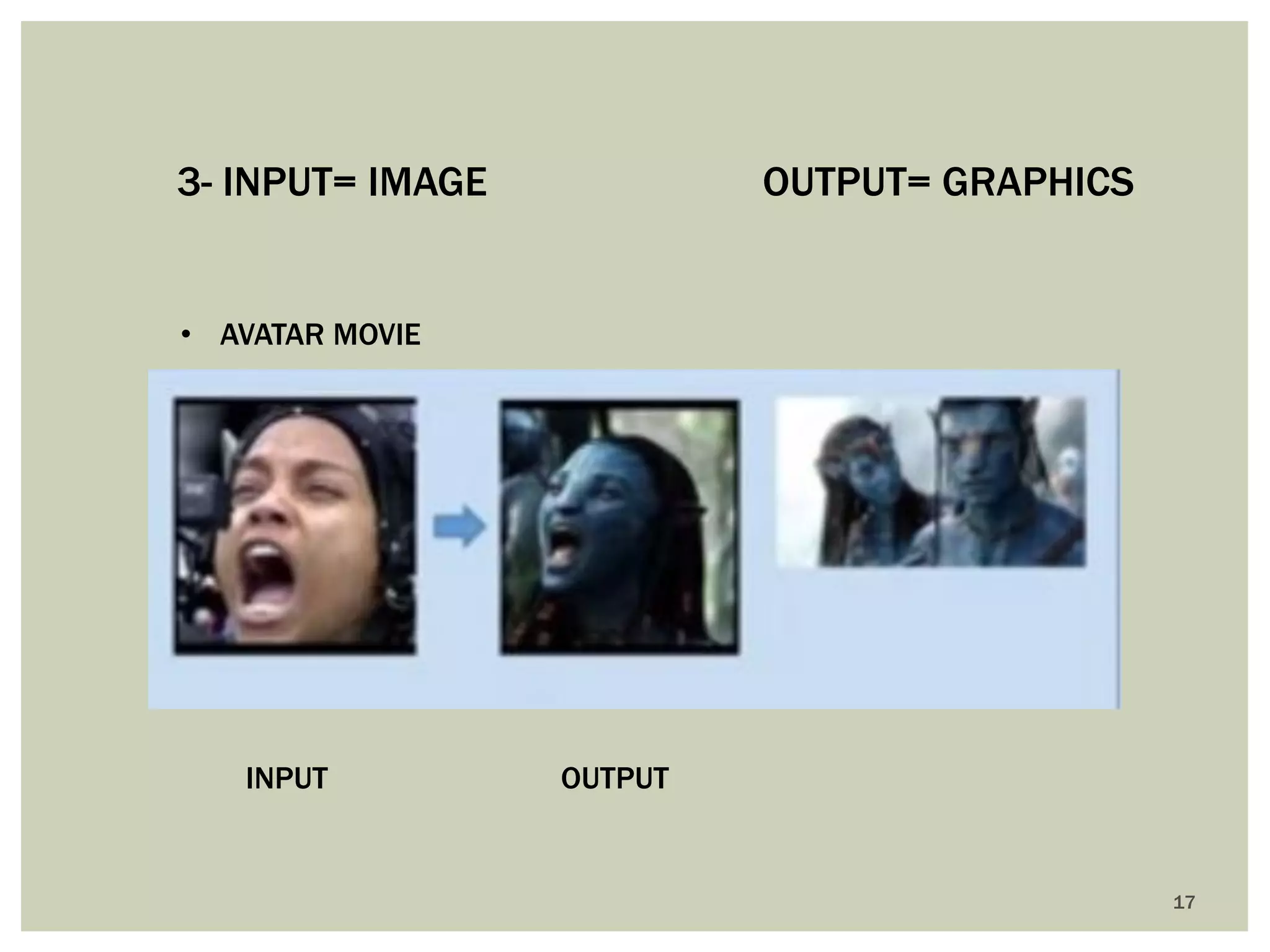 17 
3- INPUT= IMAGE OUTPUT= GRAPHICS 
INPUT 
OUTPUT 
•AVATAR MOVIE  