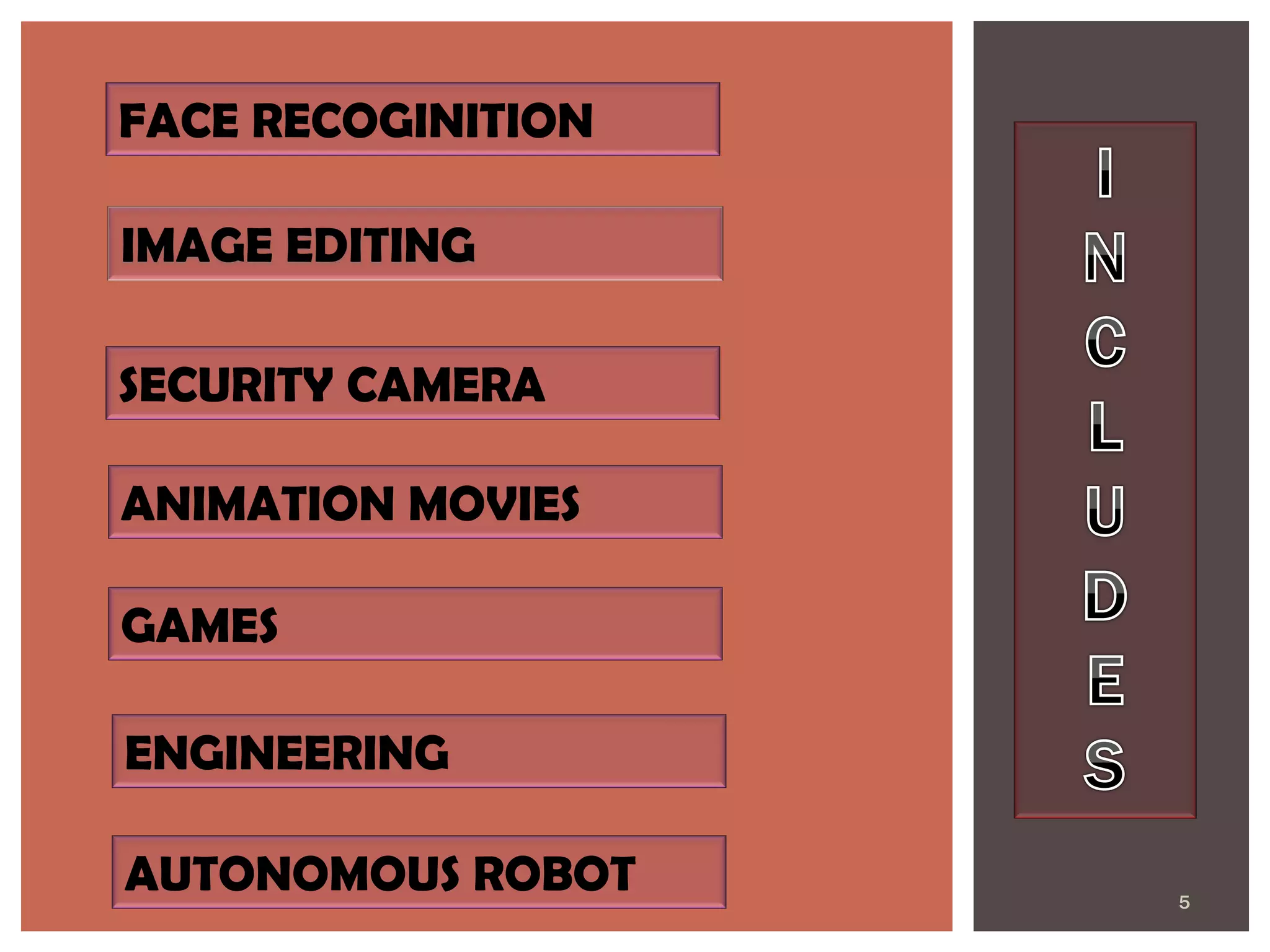 SECURITY CAMERA 
5 
ANIMATION MOVIES 
GAMES 
ENGINEERING 
FACE RECOGINITION 
AUTONOMOUS ROBOT IMAGE EDITING  