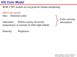 HSI Color Model
RGB, CMY models are not good for human interpreting
HSI Color model:
Hue: Dominant color
Saturation: Relative purity (inversely
proportional to amount of white light added)
Intensity: Brightness
Color carrying
information
(Images from Rafael C. Gonzalez and Richard E.
Wood, Digital Image Processing, 2nd Edition.
 