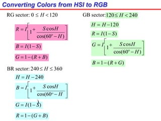 Converting Colors from HSI to RGB
B  I(1 S)


cos(60  H)
S cosH 
R  I


1


G 1 (R  B)
RG sector: 0  H 120 GB sector:120 H  240
R  I(1 S)


S cosH 
cos(60  H)
G  I


1


B 1 (R  G)
G  I(1 S)



S cosH
cos(60  H
)
B  I


1


R 1 (G  B)
BR sector:240 H  360
H  H 120
H  H  240
 