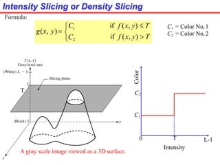 Intensity Slicing or Density Slicing

C if f (x, y)  T
if f (x, y)  T
g(x, y)
C2
1
Formula:
C1 = Color No.1
C2 = Color No.2
T
Color
C1
C2
T
Intensity
0 L-1
A gray scale image viewed as a 3D surface.
 