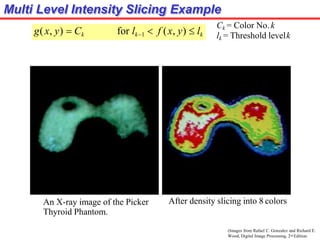 Multi Level Intensity Slicing Example
(Images from Rafael C. Gonzalez and Richard E.
Wood, Digital Image Processing, 2nd Edition.
g(x, y)  Ck for lk1  f (x, y)  lk
Ck = Color No.k
lk = Threshold levelk
An X-ray image of the Picker
Thyroid Phantom.
After density slicing into 8 colors
 