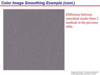 Color Image Smoothing Example (cont.)
(Images from Rafael C. Gonzalez and Richard E.
Wood, Digital Image Processing, 2nd Edition.
Difference between
smoothed results from 2
methods in the previous
slide.
 