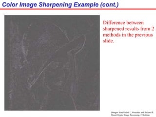 Color Image Sharpening Example (cont.)
(Images from Rafael C. Gonzalez and Richard E.
Wood, Digital Image Processing, 2nd Edition.
Difference between
sharpened results from 2
methods in the previous
slide.
 