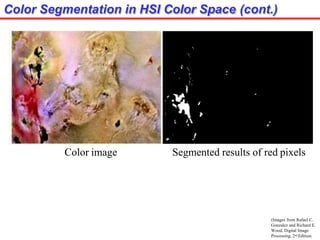 Color Segmentation in HSI Color Space (cont.)
Color image Segmented results of red pixels
(Images from Rafael C.
Gonzalez and Richard E.
Wood, Digital Image
Processing, 2nd Edition.
 