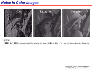 Noise in Color Images
(Images from Rafael C. Gonzalez and Richard E.
Wood, Digital Image Processing, 2nd Edition.
Hue Saturation Intensity
 