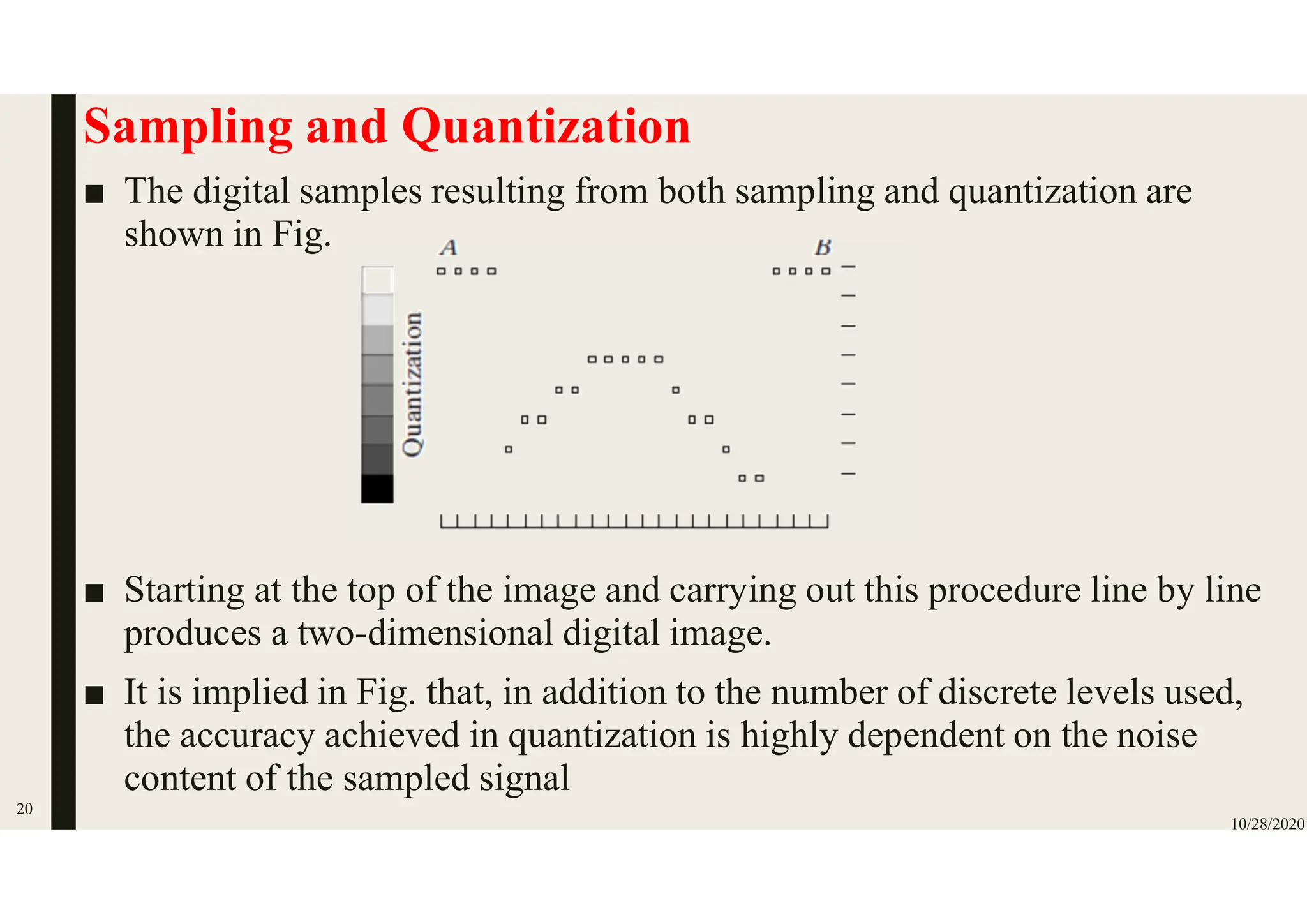 Sampling and Quantization
■ The digital samples resulting from both sampling and quantization are
shown in Fig.
■ Starting at the top of the image and carrying out this procedure line by line
produces a two-dimensional digital image.
■ It is implied in Fig. that, in addition to the number of discrete levels used,
the accuracy achieved in quantization is highly dependent on the noise
content of the sampled signal
10/28/2020
20
 