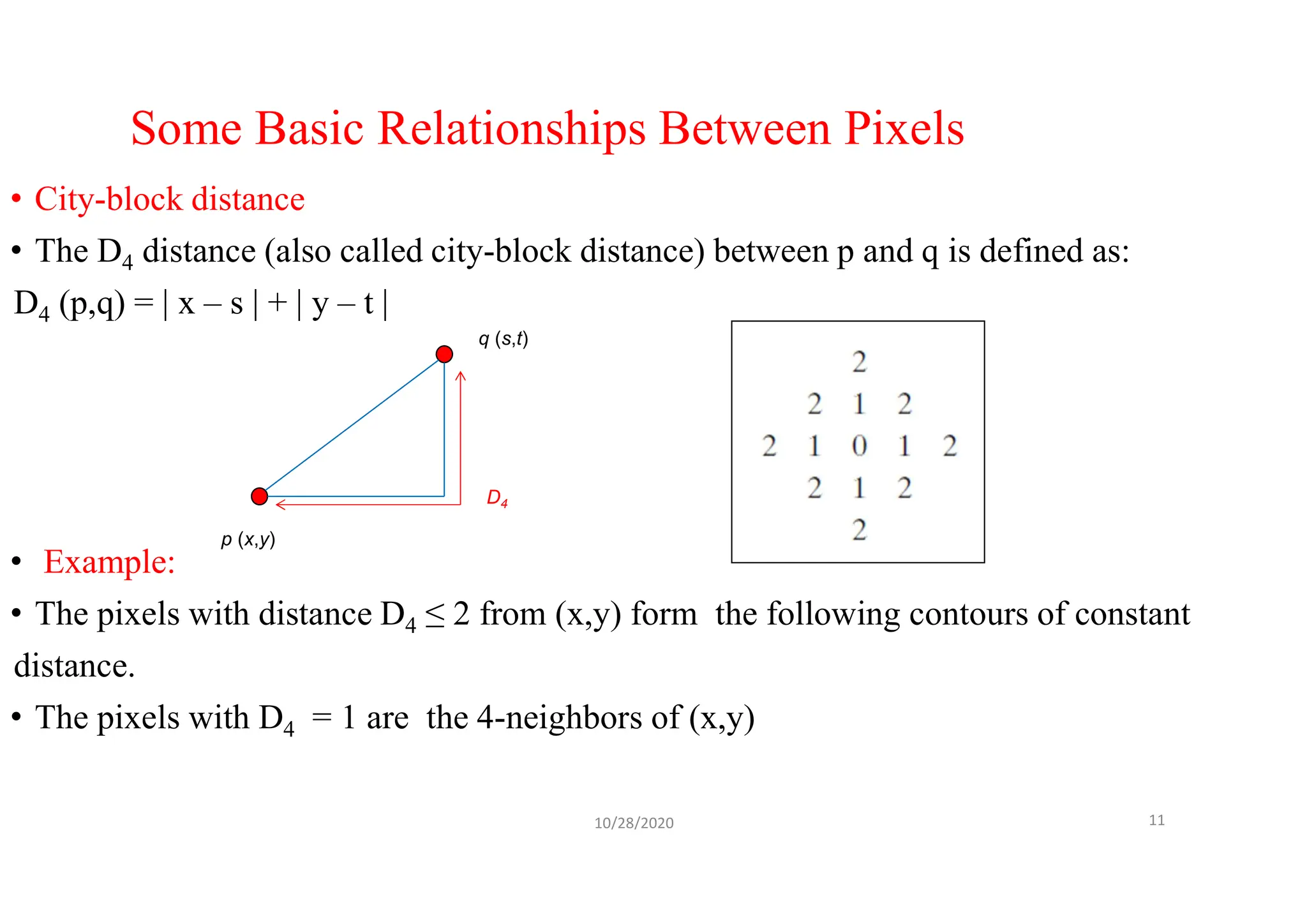 Some Basic Relationships Between Pixels
• City-block distance
• The D4 distance (also called city-block distance) between p and q is defined as:
D4 (p,q) = | x – s | + | y – t |
• Example:
• The pixels with distance D4 ≤ 2 from (x,y) form the following contours of constant
distance.
• The pixels with D4 = 1 are the 4-neighbors of (x,y)
10/28/2020 11
p (x,y)
q (s,t)
D4
 