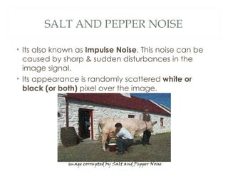 SALT AND PEPPER NOISE

• Its also known as Impulse Noise. This noise can be
  caused by sharp & sudden disturbances in the
  image signal.
• Its appearance is randomly scattered white or
  black (or both) pixel over the image.
 