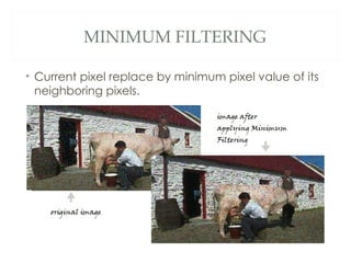 MINIMUM FILTERING

• Current pixel replace by minimum pixel value of its
  neighboring pixels.
 